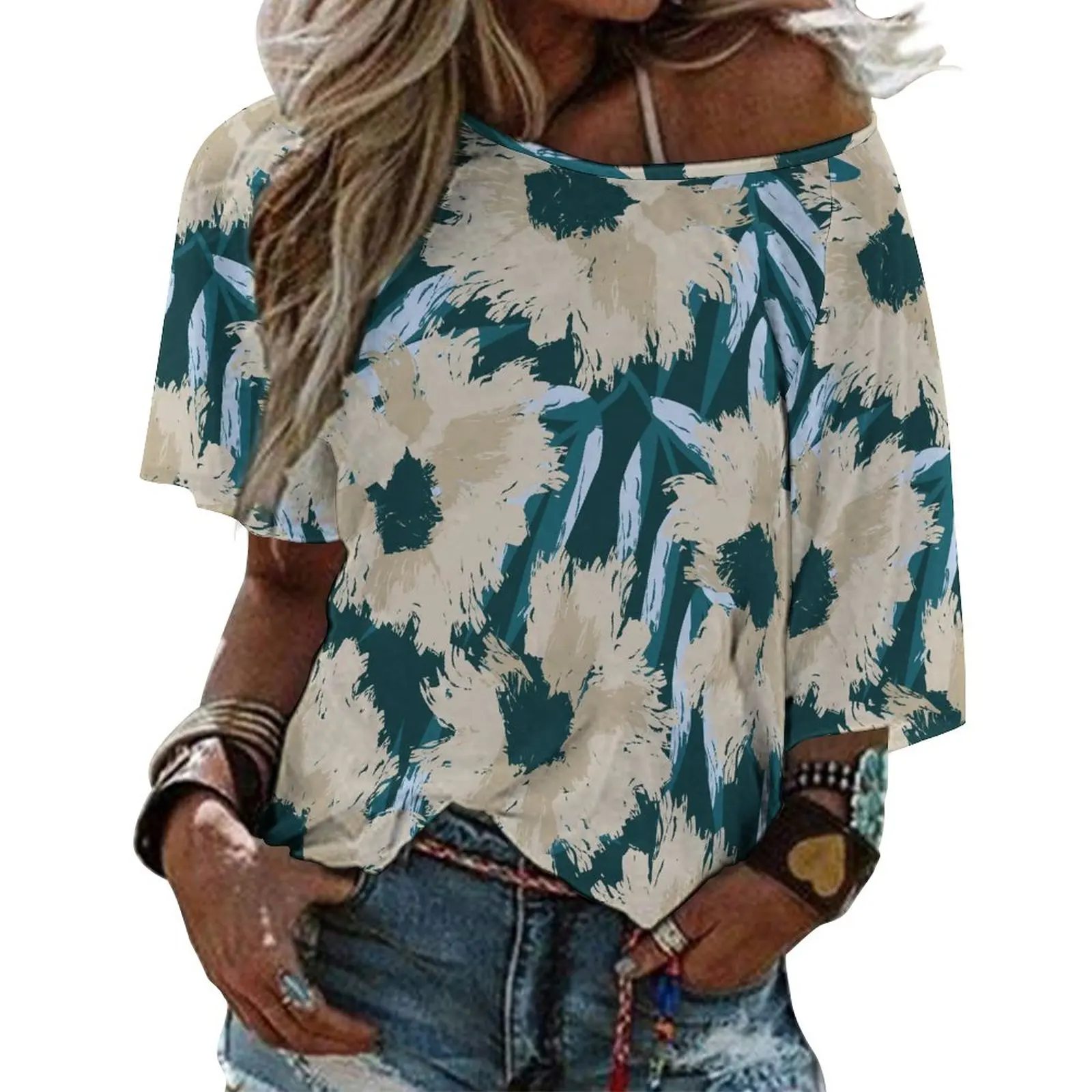 

Women'S Round Neck, Off Shoulder, Medium To Long Sleeved Sun Protection Suit, Short Sleeved Fashion Trend Top,Summer 2023