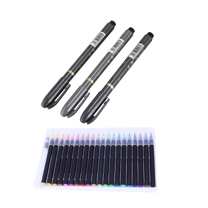 

3 Pcs Soft Brush Calligraphy Neutral Pen (Size S M L) & 1 Set 20 Color Premium Painting Soft Brush Pen Set