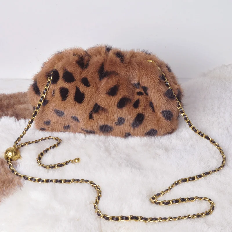 

quality New Whole Mink Women Fashionable Leopard Print Cloud Single Shoulder Crossbody Bag Lady Luxury Fur Handbags High