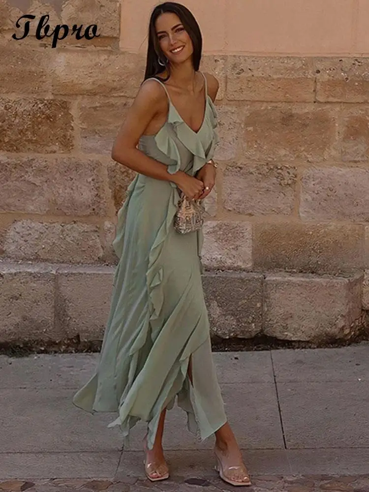 

Элегантное платье-рулетка на бретельках, женское сексуальное платье Y2k с V-образным вырезом и открытой спиной, летние однотонные женские веч...