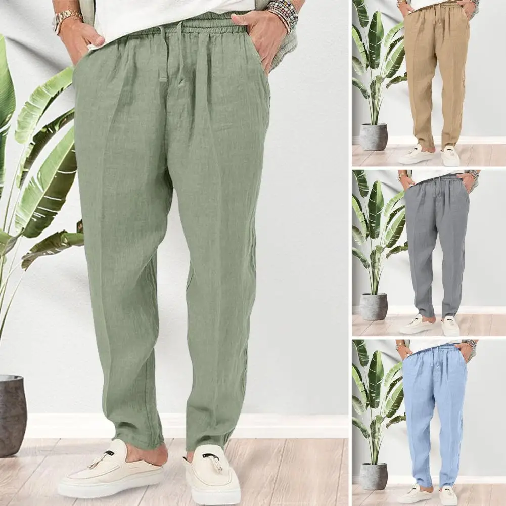 

Men Cotton Linen Sports Pants Drawstring Elastic Waist Loose Pockets Soft Breathable Mid Waist Deep Crotch Casual Linen Trousers