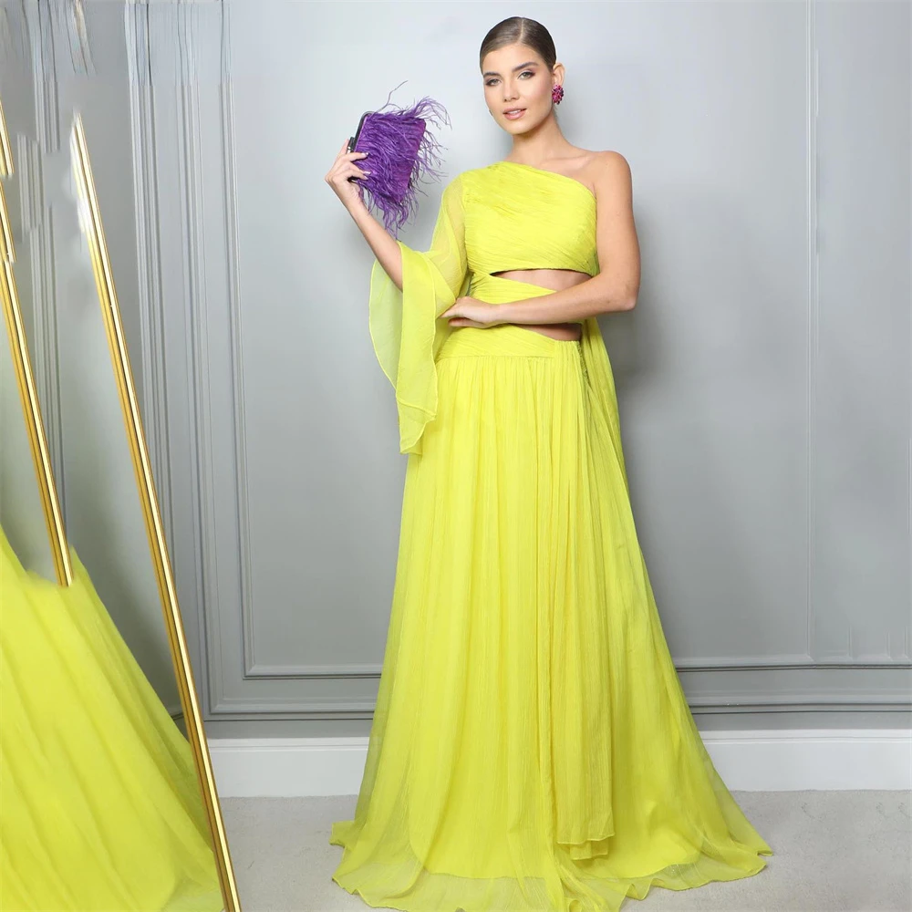 

One Shoulder Cut Out Prom Dresses with Puff Sleeves 2023 Floor Length Pleats Chiffon A-Line Backless Formal Evening Party Gowns