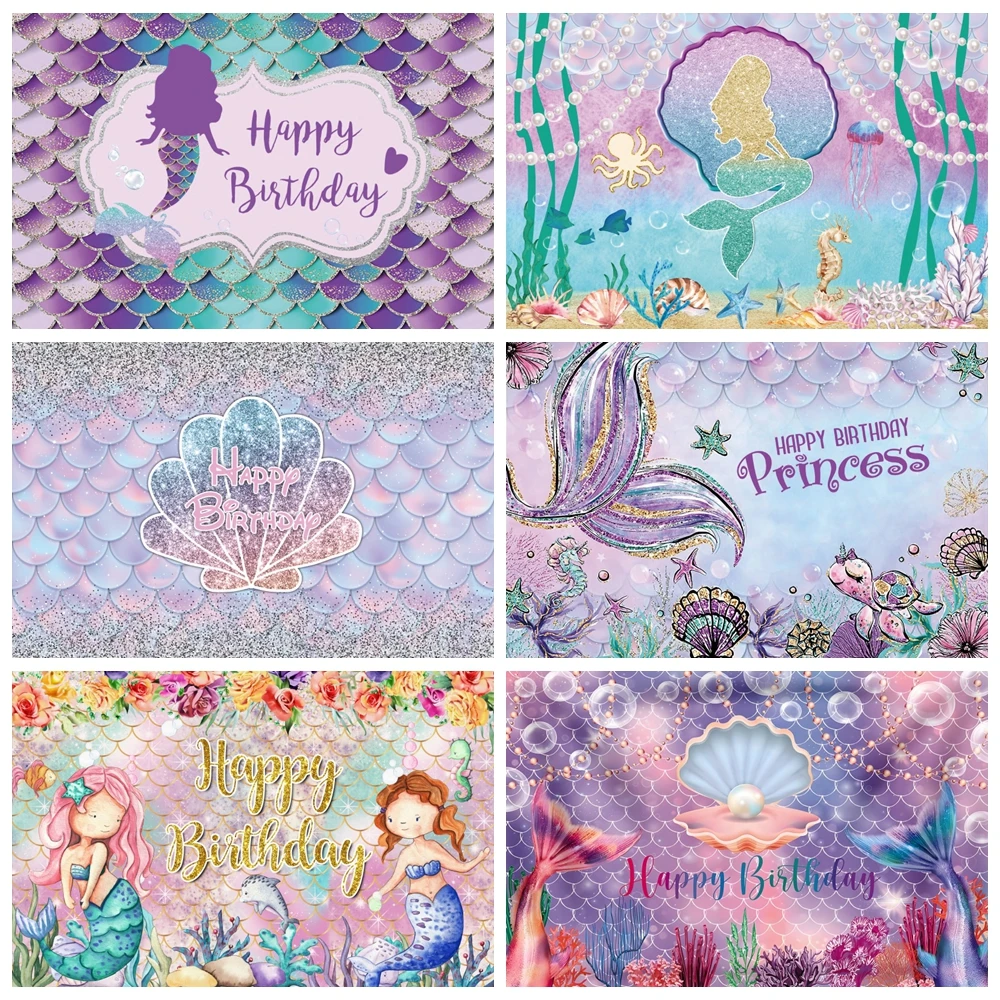 

Mermaid Backdrop Birthday Girl Princess Under The Sea Scale Shell Tail Newborn Baby Shower Birthday Party Photography Background