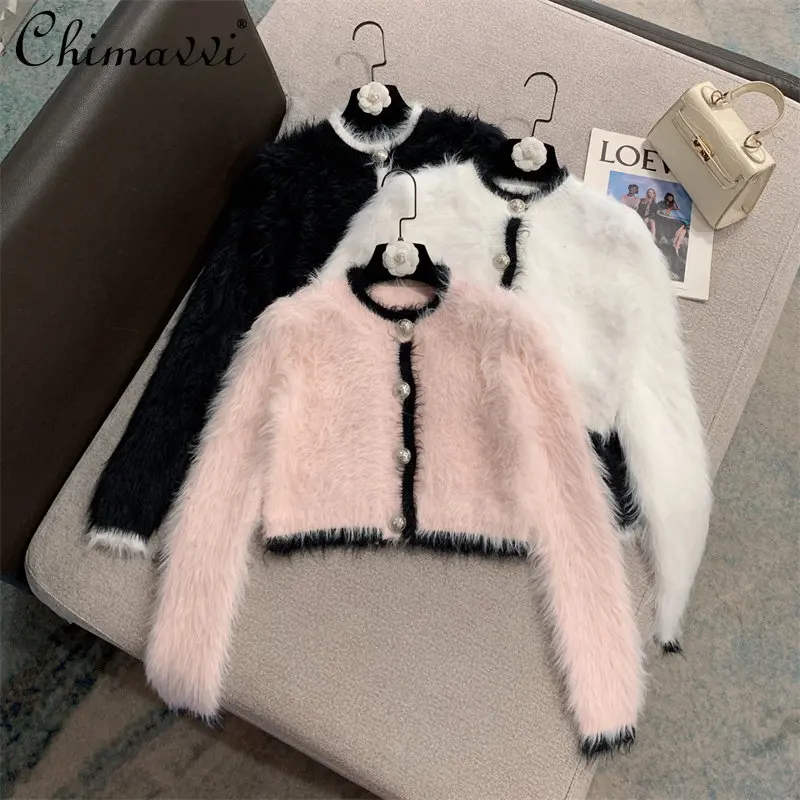 

Новинка Осень-зима 2022, Модный милый вязаный кардиган из искусственной норки контрастных цветов в Корейском стиле, Женский трендовый просто...