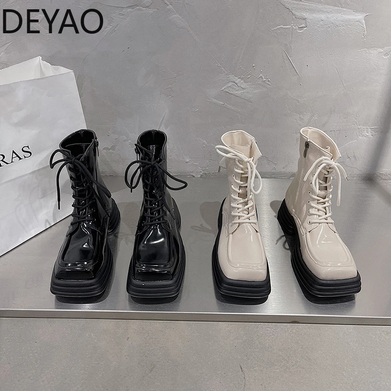 

Motorcycle Women Ankle Boots PU Leather Ladies Side Zippers Flats Shoes Fashion Square Toe Winter Boots botas femininas