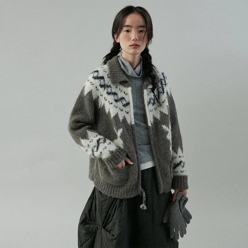 Fairisland серый жаккардовый свитер с кроликом и лацканами верхняя одежда женский