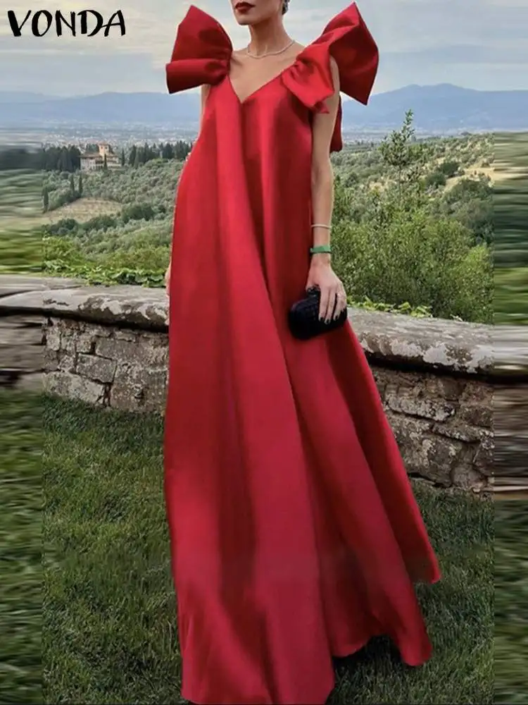 

VONDA Wedding Maxi Dress Women 2023 Summer Robe Elegant Ruffled Sexy Sleeveless V-Neck Casual Solid Color Satin Sundress Loose