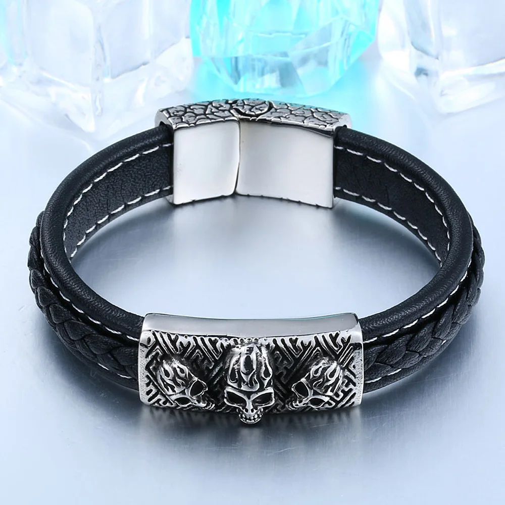 

Punk Hip Hop Stainless Steel Skull Leather Bracelet Men Retro Fashion Motorcycle Biker Punisher Skull Bracelet Jewelry Gift