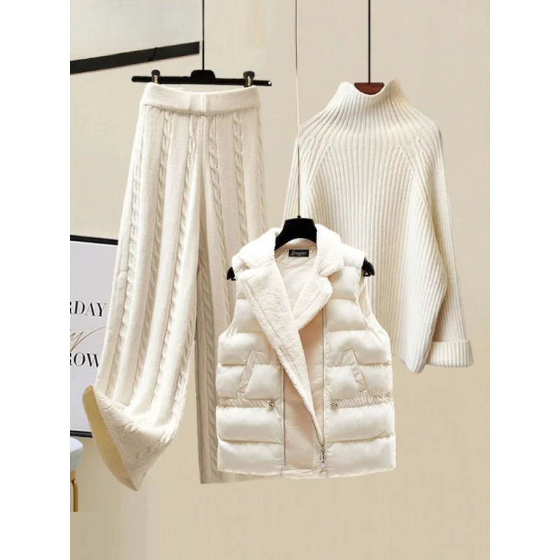 

Зимние теплые комплекты из 3 предметов, Женский трикотажный свитер-гольф для офиса, шерстяные парки, жилет, вязаные штаны с широкими штанинами
