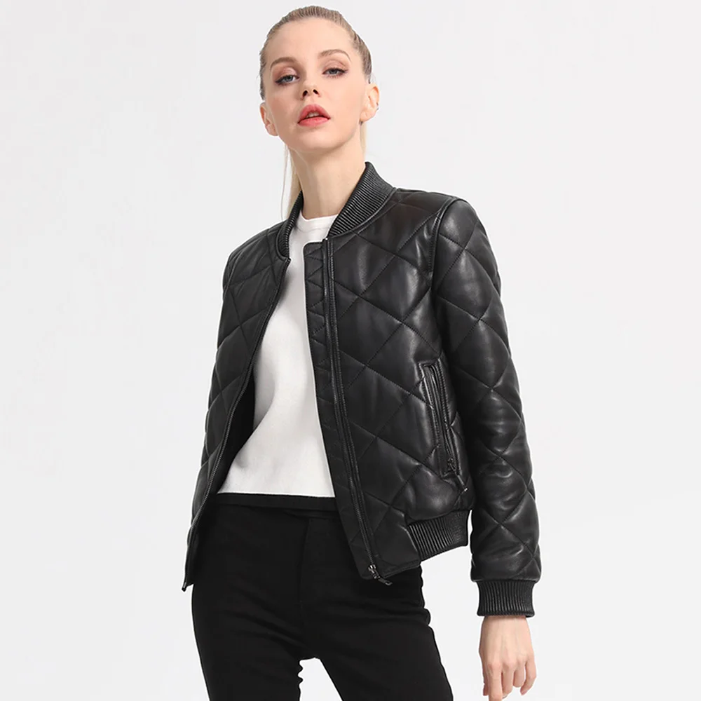 New Women Genuine Leather Coat Autumn Winter Casual Streetwear Style Thicken Sheepskin Baseball Jacket Slim Short Outerwear