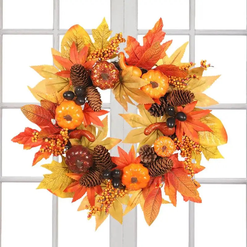 

Fall Wreaths For Front Door Artificial Autumn Pumpkins Door Wreath Rustic Pine Cones Maples Leaf Farmhouse Seasonal Hanger Decor