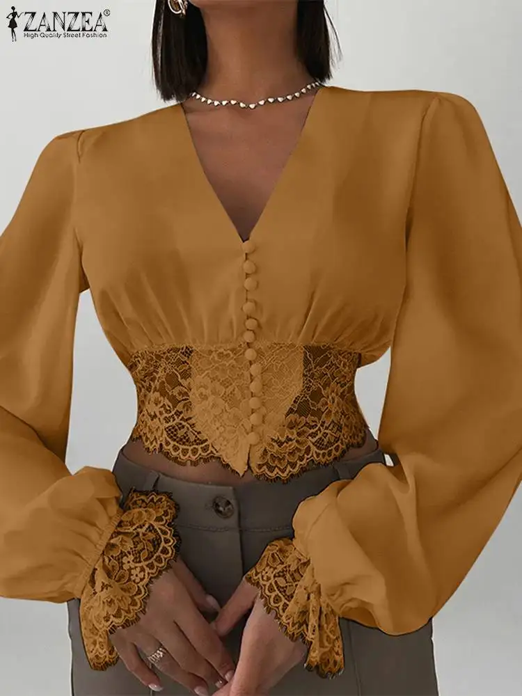 

Осенние укороченные топы ZANZEA с V-образным вырезом и длинными рукавами-фонариками, элегантные женские модные блузки 2023, Сексуальные облегающие Женские короткие рубашки с кружевом