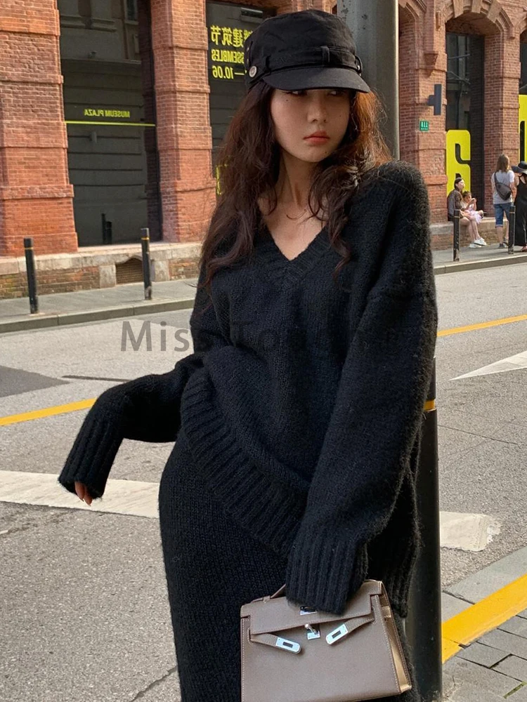 Осенне-зимний вязаный элегантный комплект из 2 предметов в стиле ретро женский