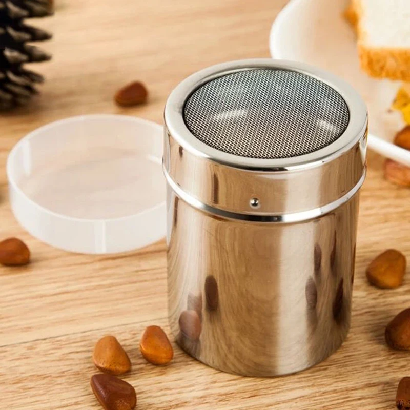 

2 Size Stainless Steel Coffee Chocolate Shaker Bottle With Lid Cocoa Coffee Powdered Sugar Flour Sieve Shaker With Lid Bake Tool
