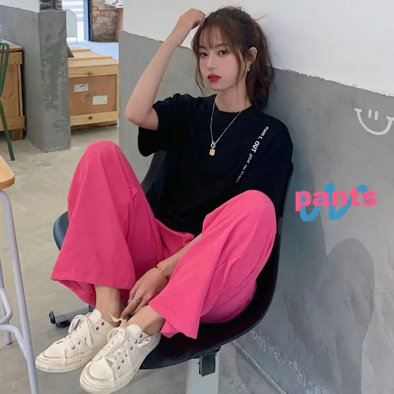 Spring New High Waist Rose Red Straight Pants Loose Comfortable Pockets Wide Leg Trousers Simplicity Fashion Women Clothing