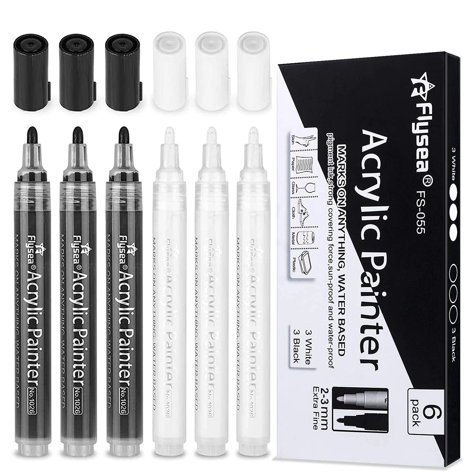 

3 черных и 3 белых маркера для рисования, 2 мм наконечник, акриловые ручки для рисования камней на водной основе, искусственные наборы краски