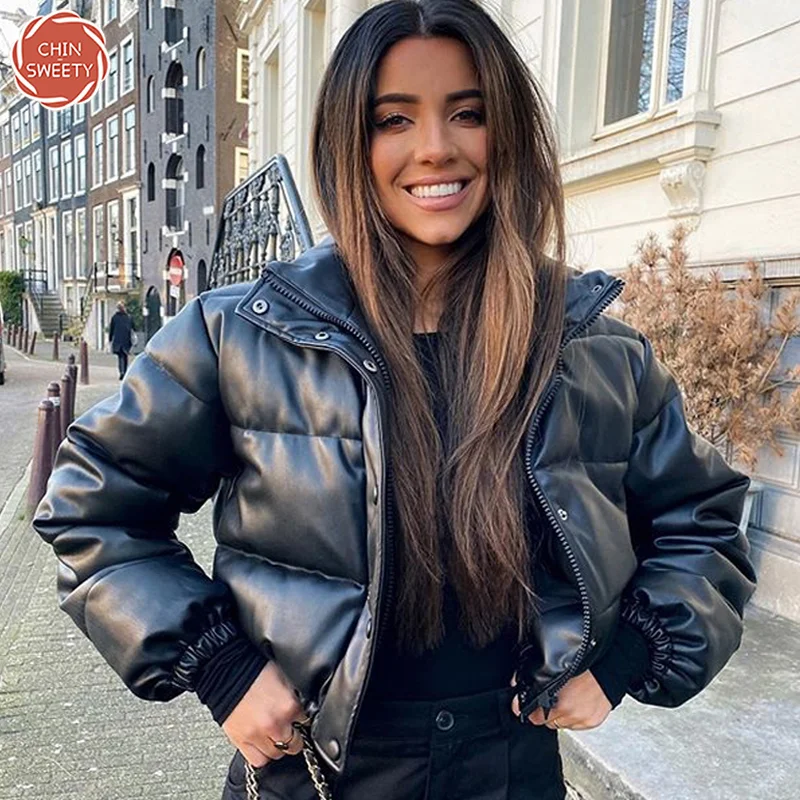 

Chin-Sweety Winter Thick Warm Short Parkas Women Fashion Black PU Leather Coat Women Elegant Zipper Cotton Jackets Female Ladies