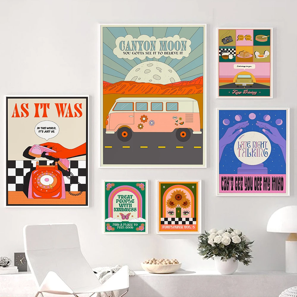 

Vintage Bus Poster Moon Divination Picture Retro Cartoon Lyric Quote Home Art Canvas Painting Print Wall Mural Room Home Decor