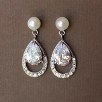 fashion round pearl earrings classic fashion silver plated inlaid princess cut drop shape zirconia crystal earrings