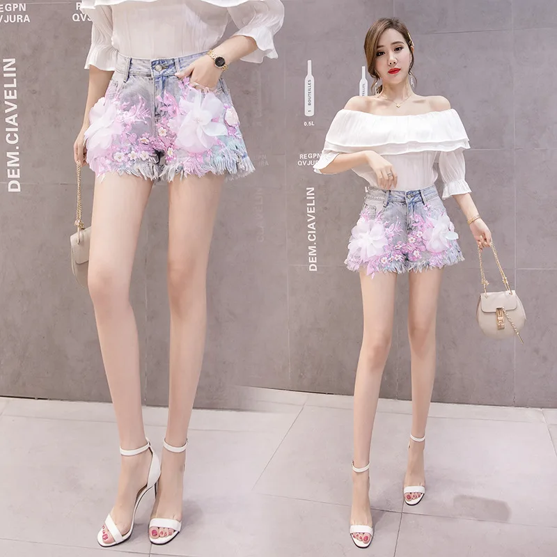 Summer Women Fashion Trend Short Jeans High Waist Wide Leg Heavy Industry Flowers Female Denim Shorts Hole Casual Cowboy Shorts