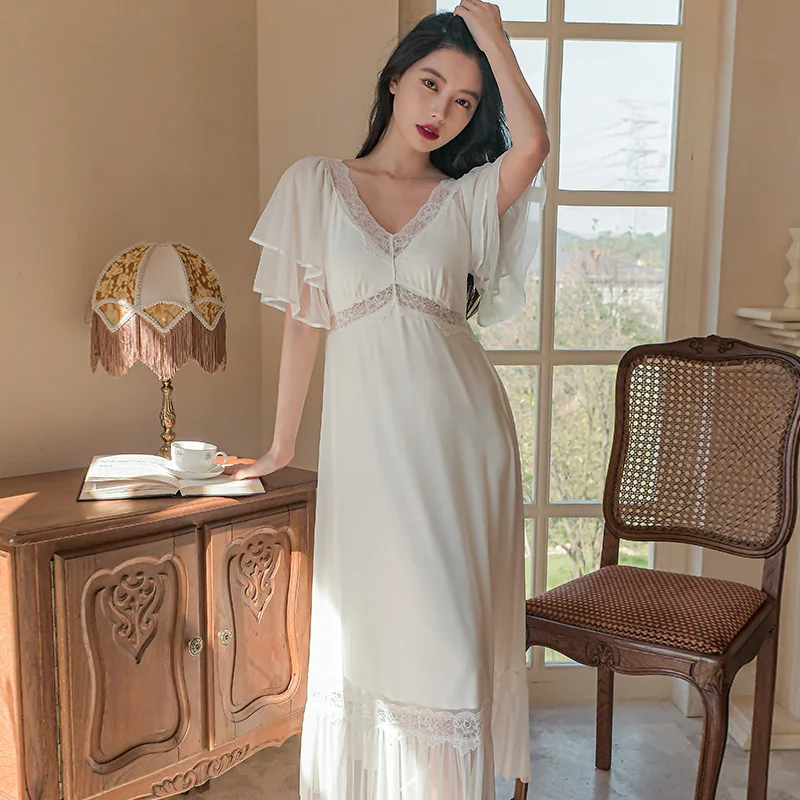 New princess style nightdress sweet lace modal pajamas women sexy nightwear sleeping dress