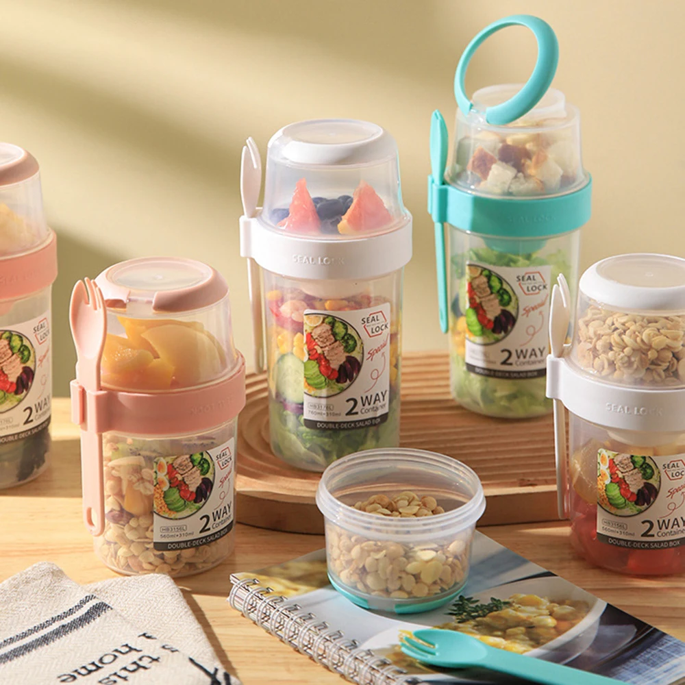 

Portable Breakfast Cup Salad Yogurt Two-layers Seal Box Container Fresh-keeping Bowl Kitchen Food Container For Travel Lunch Box