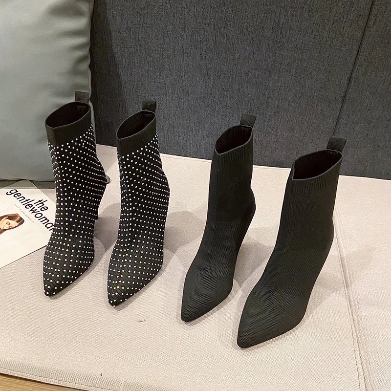 

Женские дизайнерские ботинки Стразы, эластичные повседневные женские ботинки с острым носком, обувь на тонком каблуке, пикантные короткие ...