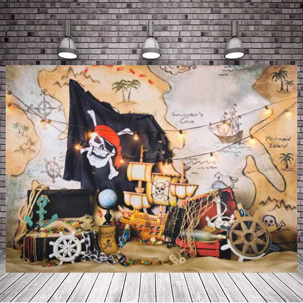 

Фон для фотосъемки с изображением пиратов, лодок, приключений, детей, карты сокровищ, торт на день рождения, разбивной фон для фотосъемки, ре...