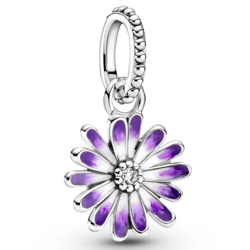 

Original Garden Purple Daisy Dangle Beads Charm Fit Pan Women 925 Sterling Silver Bracelet Bangle Jewelry
