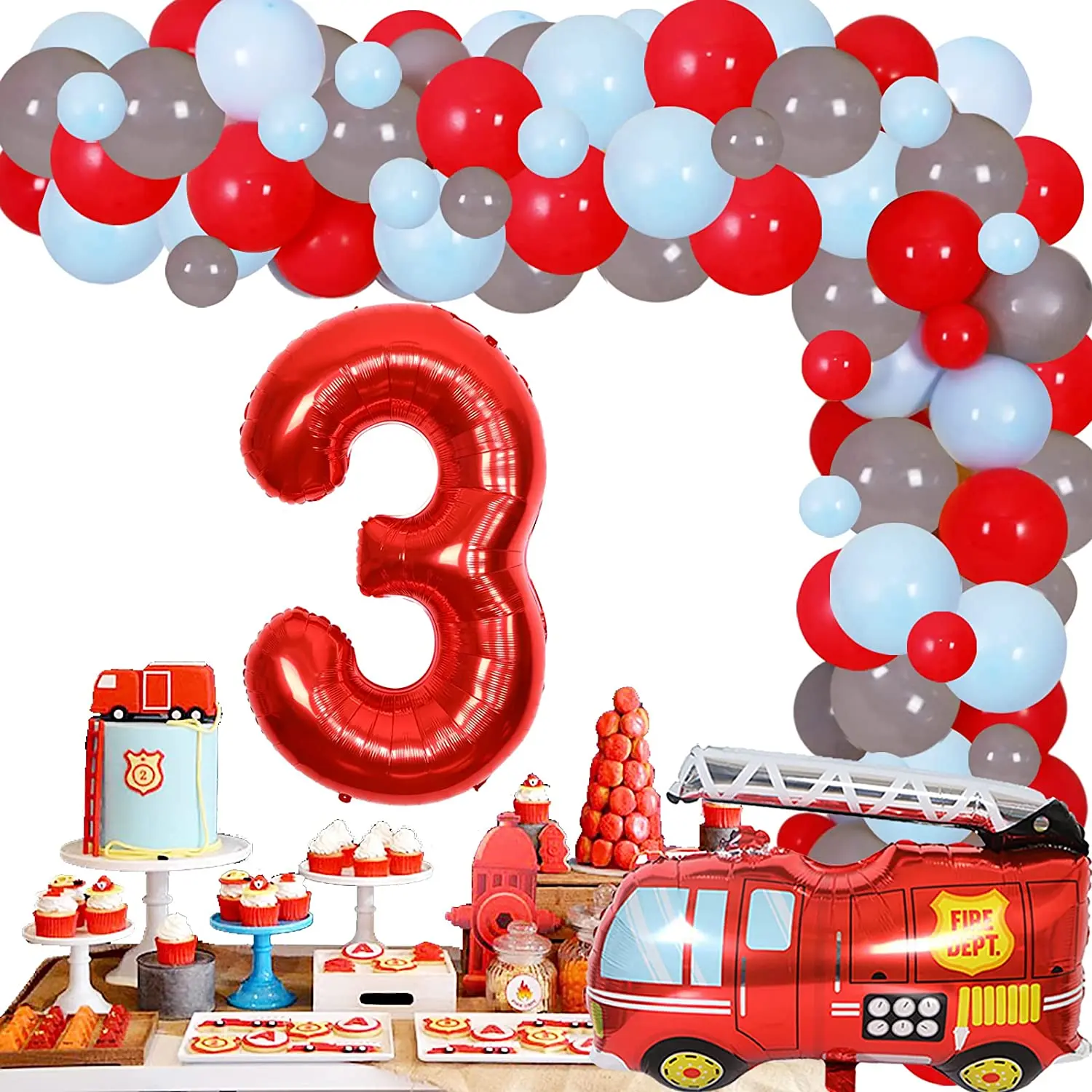 

Fire Truck Theme 3rd Birthday Decorations Red Blue Grey Balloon Garland Arch Firefighter Sound the Alarm Im 3 Birthday Decors