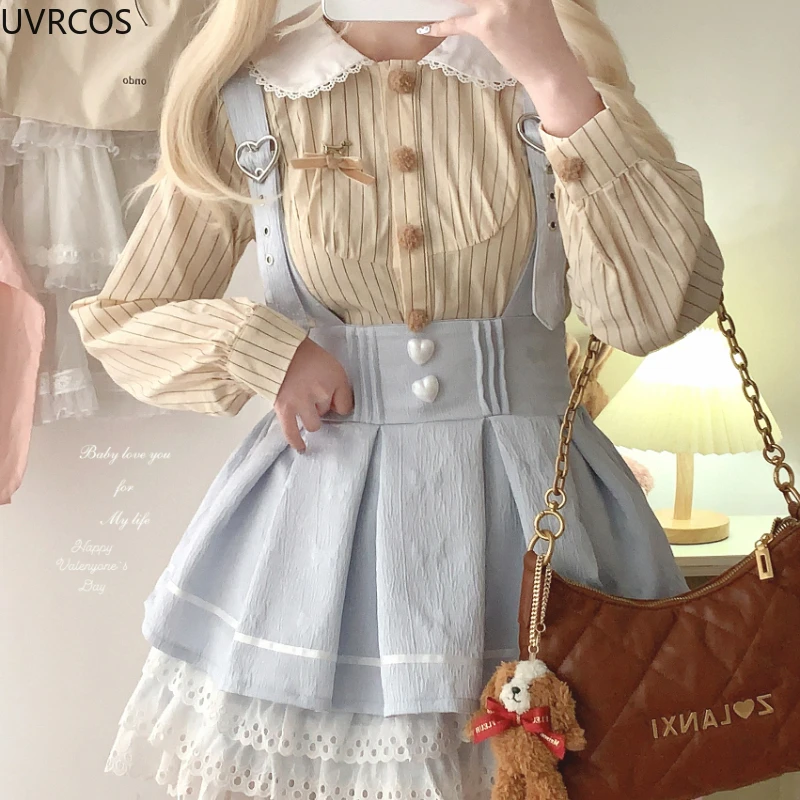 Женская полосатая блузка в японском стиле кружевная Питер Пэн с воротником