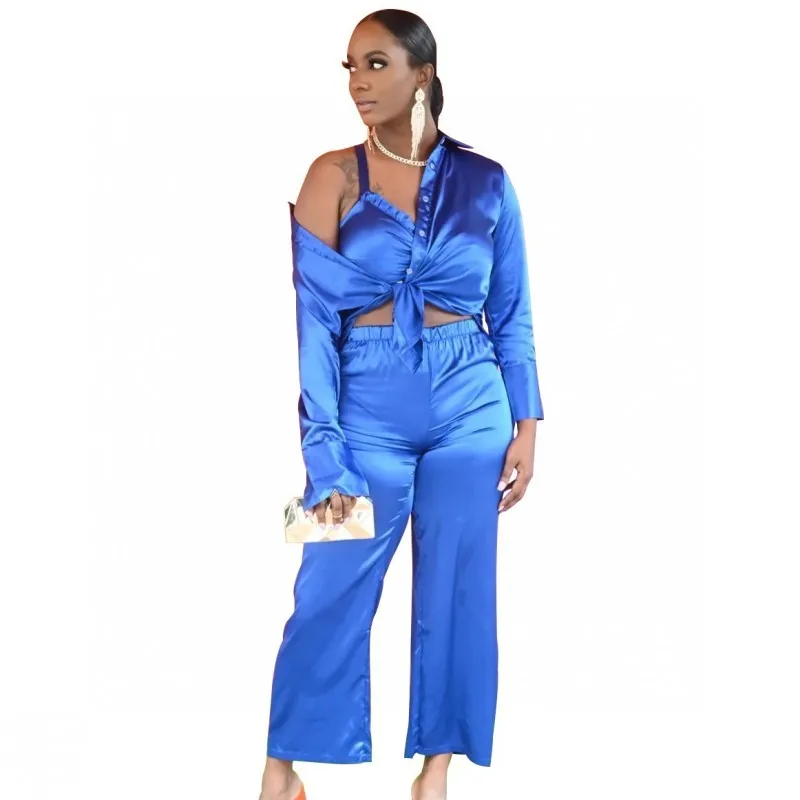 

3 Piece Set Fashion Matching Women's Set Fall Solid Color Long Sleeve Tops Elastic Waist Pants Bazin Famous Suit New Arrival