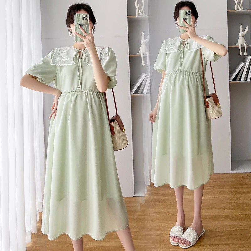 

8838 Elegant Sweet Maternity Long Dress Korean Japan Style A Line Slim Loose Clothes for Pregnant Women Lovely Princes Pregnancy