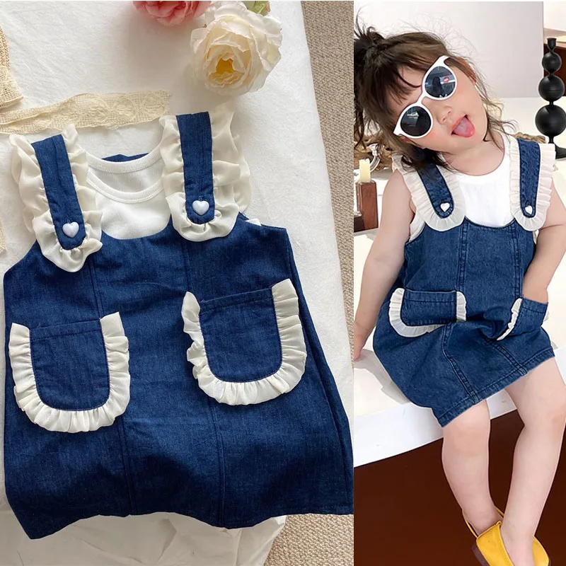 

2022 summer new girl's Clothing suit denim lace suspender skirt +inner vest two-piece Clothes set