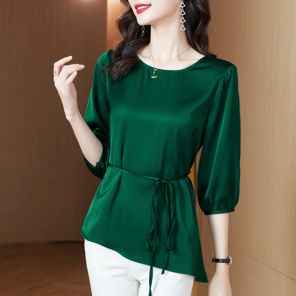 

Модные нестандартные шифоновые рубашки с рукавом 3/4 и бантом на шнуровке, женский простой пуловер с круглым вырезом, удобные атласные топы д...