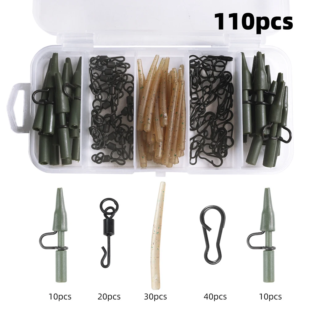 

110pc Fishing Tackle Carp Lead Clips Quick Change Swivels Soft 38mm Anti Tangle Sleeves Brooch Fishing Accessories Pesca