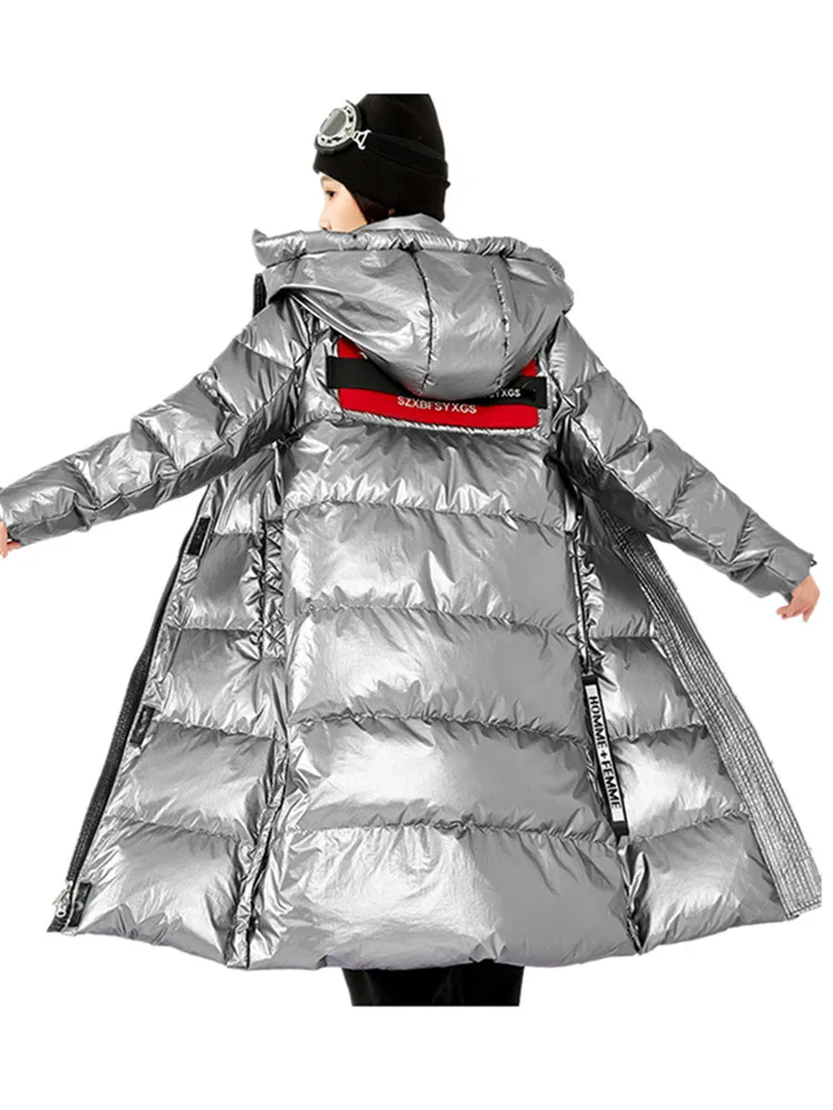 

Glossy Silvery Duck Down Coats Winter Longer Hooded Down parkas Coats Female Thicker Warm Oversized Outerwear Parkas wy1037
