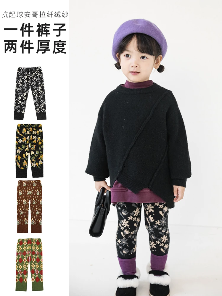 

Girls' Leggings 2022 New Vintage Printed Pants Baby Elastic Thickened Winter Warm Pants