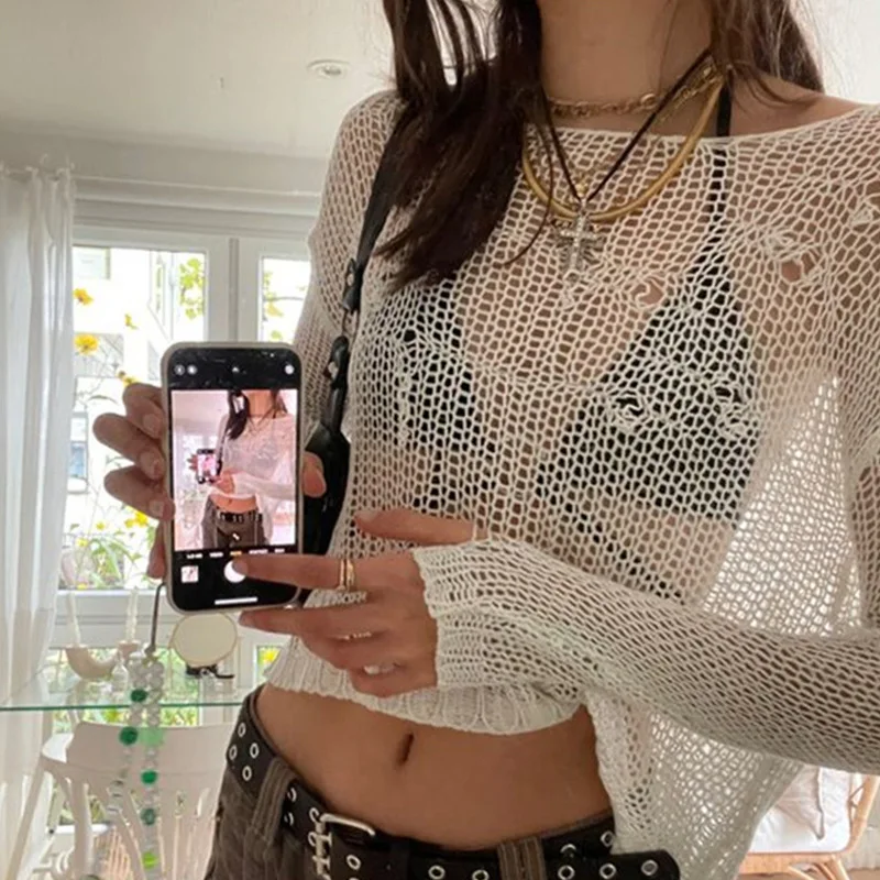 

Cutistation Frayed Long Sleeve Grunge y2k Clothes Fall Outfits Women 2022 Retro Aesthetic Oversized Crochet Sweaters Streetwear