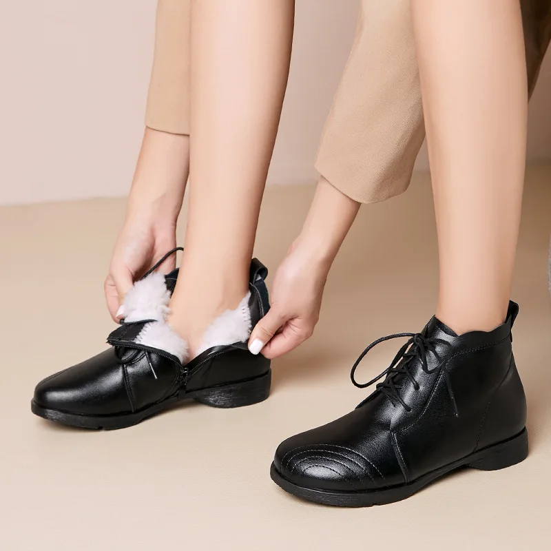 

2022 New Winter Ankle Boots Warm Cotton Shoes Woman Boots Low-Heeled Large Size Cowhide Short Boots Warm Plush / Wool Snow Boots