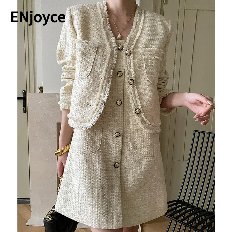 

Spring Fall Women Vintage Beige Blend Knitted Single Breasted Coats and Dress Two-piece Suit Set Office Lady Cropped Outfits
