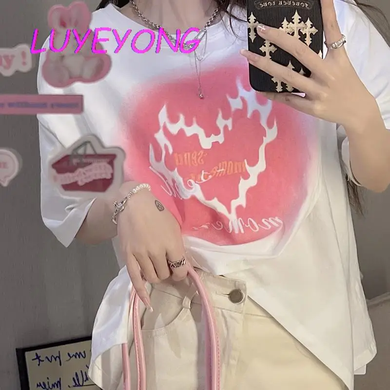 

Футболка женская хлопковая с круглым вырезом, базовая Модная стильная рубашка с коротким рукавом и принтом в виде милого огня для девушек, с...