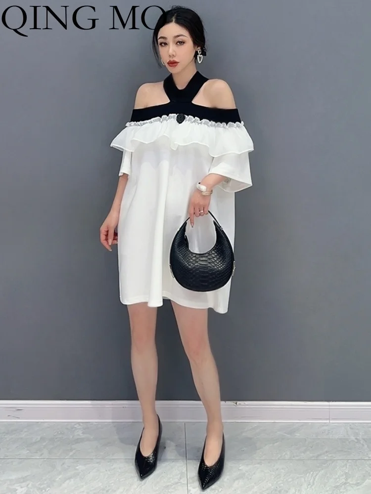 

QING MO 2023 Summer New Women Skirt Black White Fashion Personalized Off Shoulder Mid Length T-shirt Trendy Girl Dress ZY119A