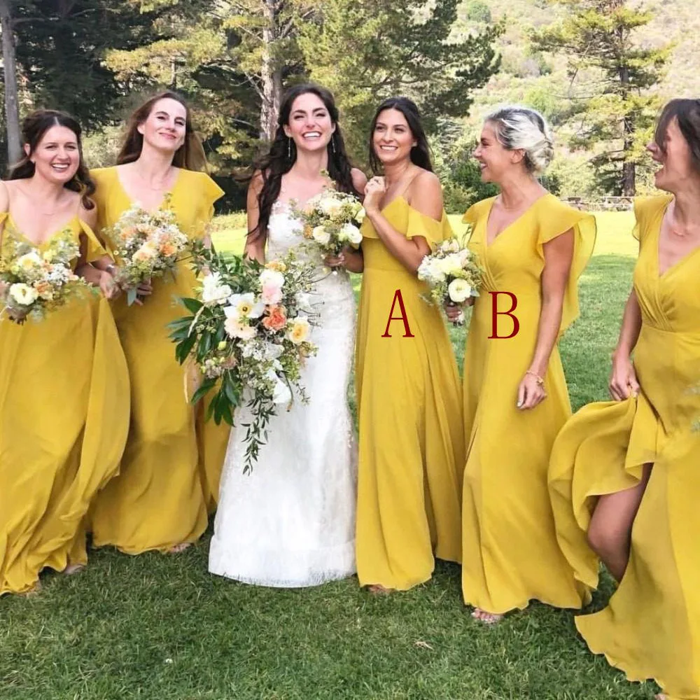 

2022 Bohemian Long Yellow Bridesmaid Dresses V Neck Countryside Bridesmaids Gowns Chiffon Prom Dresses Party Gown