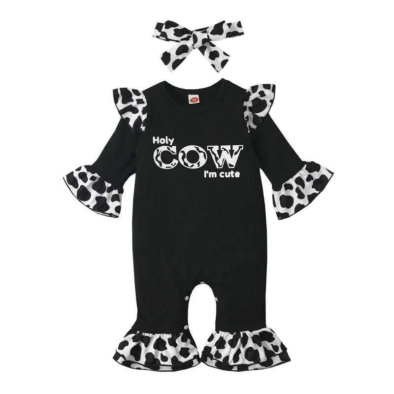 

Bmnmsl Baby Girls Jumpsuit Set, Long Sleeve Crew Neck Letters Print Cow Pattern Romper with Bowknot Headband