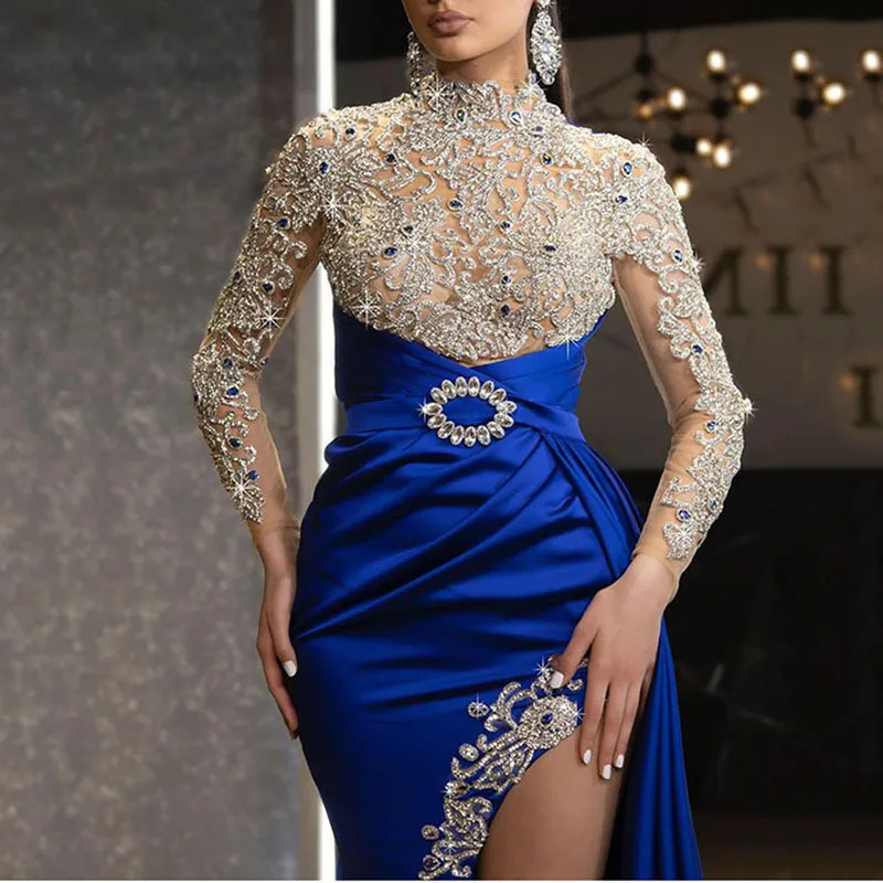 2022 Autumn New Elegant Party Dresses Women Blue Gold-Sprinkled Split Stitching Half-turtleneck Evening Dress Sequin Dress