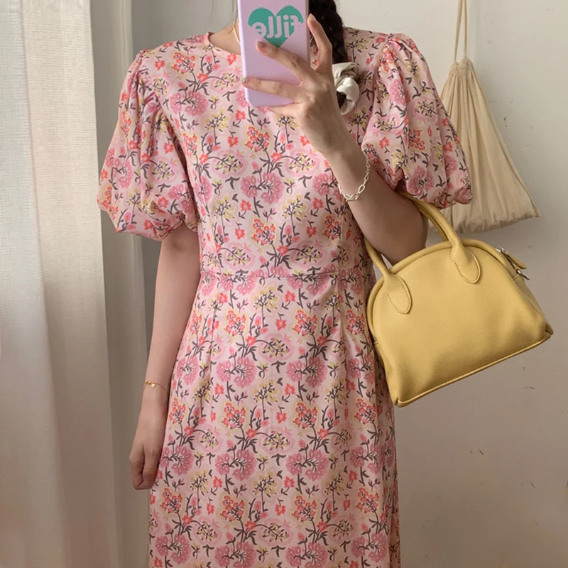 

SuperAen 2022 летние милые повседневные платья трапециевидной формы с круглым вырезом на талии с пышными рукавами и цветочным принтом для женщин