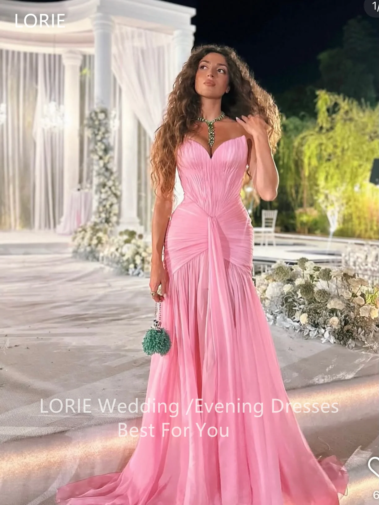 Фото LORIE Шикарные розовые шифоновые вечерние платья без бретелек без рукавов со складками вечернее платье трапециевидной формы с разрезом для выпускного вечера по индивидуальному заказу №3
