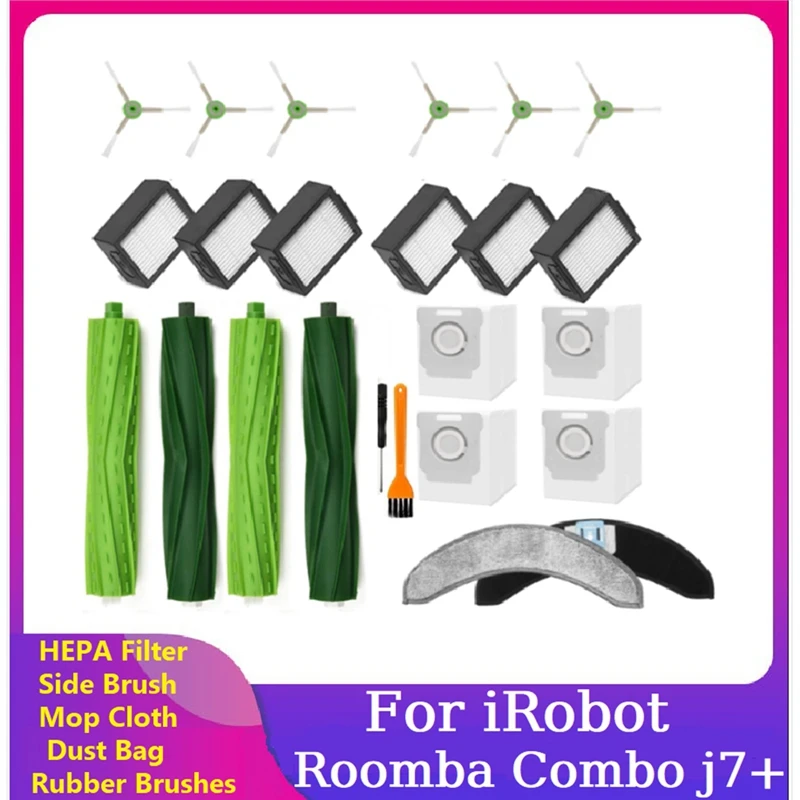 

24PCS For Irobot Roomba Combo J7+ Vacuum Cleaner Rubber Brushes Filters Side Brush Mop Cloth Dust Ba Spare Parts