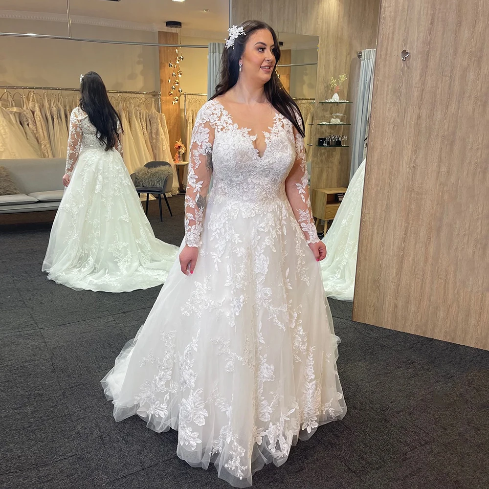 

Pastrol Wedding Dresses Plus Size 2023 Women O-Neck Full Sleeves Bride Gowns With Applique A-Line Sweep Train Vestido De Noiva